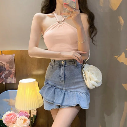 Women's Halterneck Backless Y2K Crop Top